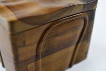 Load image into Gallery viewer, Raya solid teak wooden pet ashes casket close up.