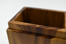 Load image into Gallery viewer, Korbu solid teak wooden pet ashes casket close up with lid open.