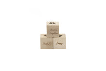 Load image into Gallery viewer, Set of three wooden memorial cubes stacked and engraved with touching sentiments.