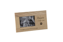 Load image into Gallery viewer, Solid oak landscape photo frame pet memorial, engraved with personalised details.