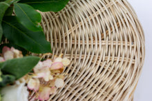 Load image into Gallery viewer, Handwoven rattan pet coffin lid close up.