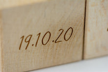 Load image into Gallery viewer, Set of three wooden memorial cubes stacked and engraved with touching sentiments.