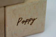 Load image into Gallery viewer, Set of three wooden memorial cubes stacked and engraved with touching sentiments.