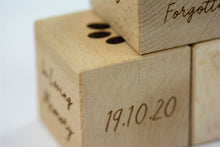 Load image into Gallery viewer, Set of three wooden memorial cubes stacked and engraved with touching sentiments.