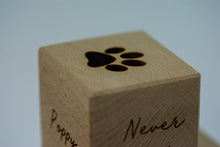 Load image into Gallery viewer, Set of three wooden memorial cubes stacked and engraved with touching sentiments.
