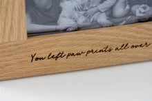 Load image into Gallery viewer, Solid oak portrait photo frame pet memorial, engraved with personalised details.
