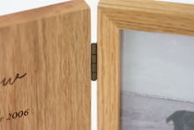Load image into Gallery viewer, Solid oak photo frame book pet memorial close up.
