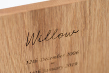 Load image into Gallery viewer, Solid oak photo frame book pet memorial, engraved with personalised details.