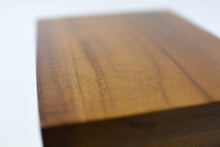 Load image into Gallery viewer, Mulu solid teak wooden pet ashes casket lid close up.
