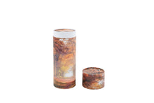 Load image into Gallery viewer, Cylindrical pet ashes scattering tube with an autumnal woodland image, with lid off.
