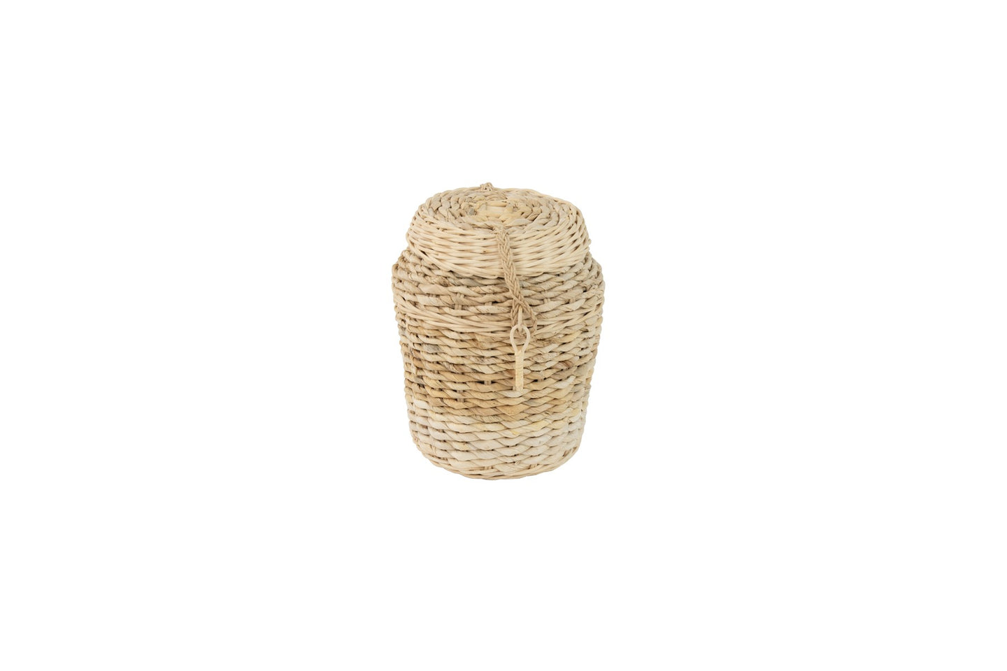 Handwoven banana leaf round pet ashes casket.