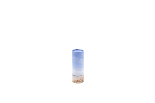 Small cylindrical pet ashes scattering tube with a beach scene image.