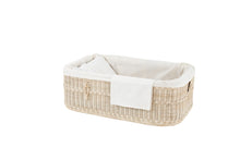 Load image into Gallery viewer, Handwoven rattan pet coffin with lid removed, showing pillow and liner.
