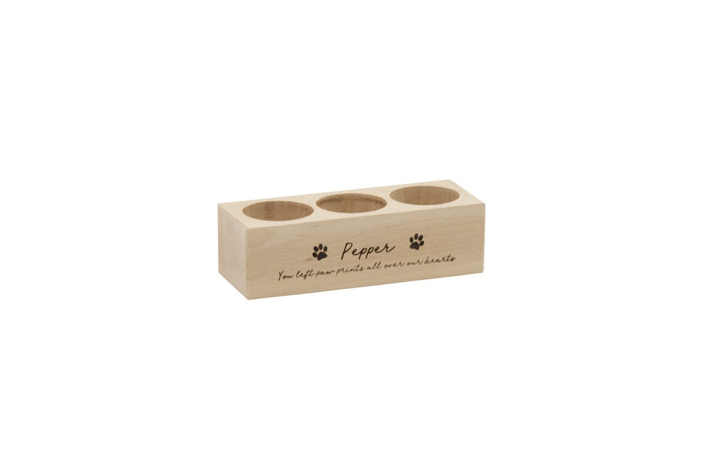 Wooden pet memorial candle holder, engraved with pet name.