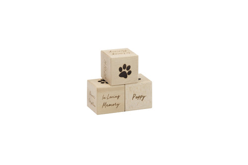 Set of three wooden memorial cubes stacked and engraved with touching sentiments.