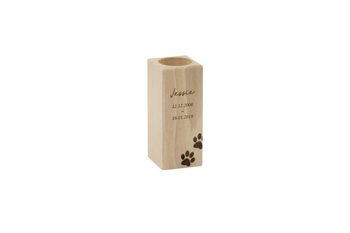 Wooden pet memorial candle holder, engraved with pet name.