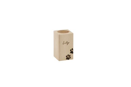 Wooden pet memorial candle holder, engraved with pet name.