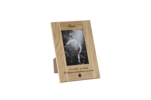 Solid oak portrait photo frame pet memorial, engraved with personalised details.