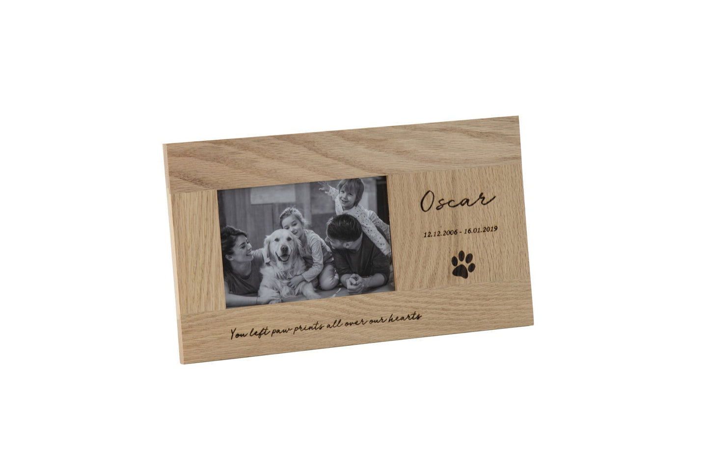 Solid oak landscape photo frame pet memorial, engraved with personalised details.