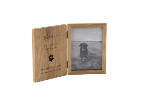 Solid oak photo frame book pet memorial, engraved with personalised details.