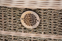 Load image into Gallery viewer, Handwoven seagrass pet coffin badge close up.
