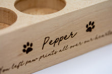 Load image into Gallery viewer, Wooden pet memorial candle holder close up.
