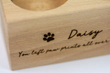 Load image into Gallery viewer, Wooden pet memorial candle holder close up.
