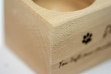 Load image into Gallery viewer, Wooden pet memorial candle holder close up.
