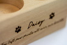 Load image into Gallery viewer, Wooden pet memorial candle holder close up.
