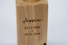 Load image into Gallery viewer, Wooden pet memorial candle holder close up.
