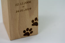 Load image into Gallery viewer, Wooden pet memorial candle holder close up.
