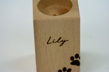 Load image into Gallery viewer, Wooden pet memorial candle holder close up.
