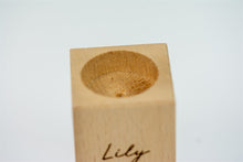 Load image into Gallery viewer, Wooden pet memorial candle holder close up.
