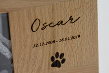 Load image into Gallery viewer, Solid oak landscape photo frame pet memorial, engraved with personalised details.
