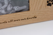 Load image into Gallery viewer, Solid oak landscape photo frame pet memorial, engraved with personalised details.
