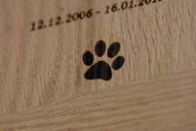 Load image into Gallery viewer, Solid oak landscape photo frame pet memorial, engraved with personalised details.
