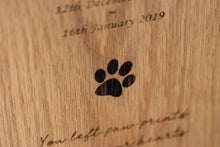 Load image into Gallery viewer, Solid oak photo frame book pet memorial, engraved with personalised details.
