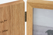 Load image into Gallery viewer, Solid oak photo frame book pet memorial close up.
