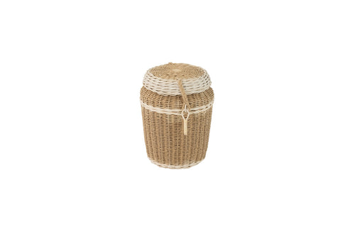 Handwoven loom round pet ashes casket.