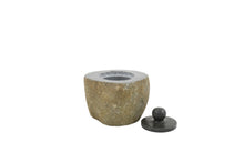 Load image into Gallery viewer, Handcrafted natural stone pet ashes casket in small, with lid open.
