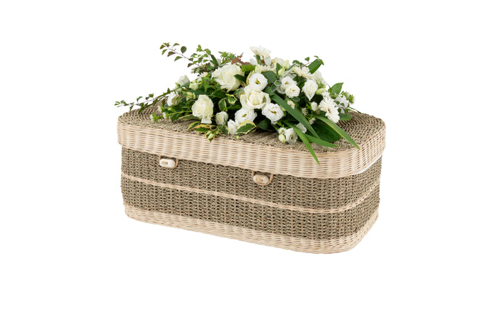 Handwoven seagrass pet coffin in large.
