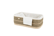 Load image into Gallery viewer, Handwoven seagrass pet coffin with lid removed, showing pillow and liner.
