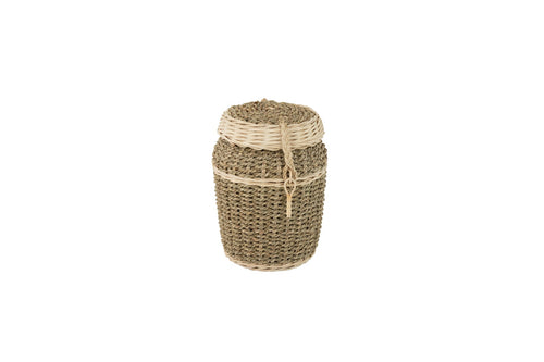 Handwoven seagrass round pet ashes casket.