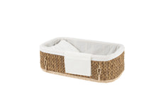 Load image into Gallery viewer, Handwoven water hyacinth pet coffin with lid removed, showing pillow and liner.
