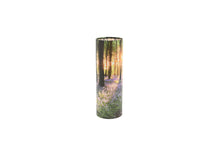 Load image into Gallery viewer, Large cylindrical pet ashes scattering tube with a bluebell woodland image.
