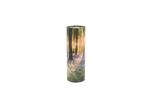 Large cylindrical pet ashes scattering tube with a bluebell woodland image.