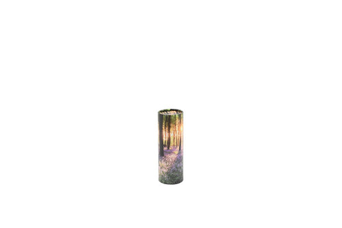 Small cylindrical pet ashes scattering tube with a bluebell woodland image.